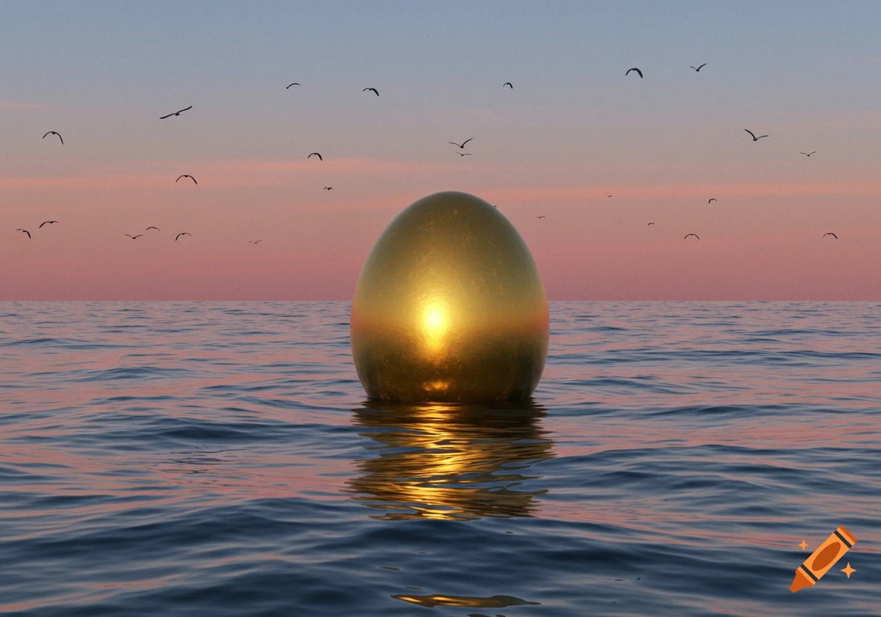 A golden egg floating in a vast ocean under a sunset sky with birds flying.