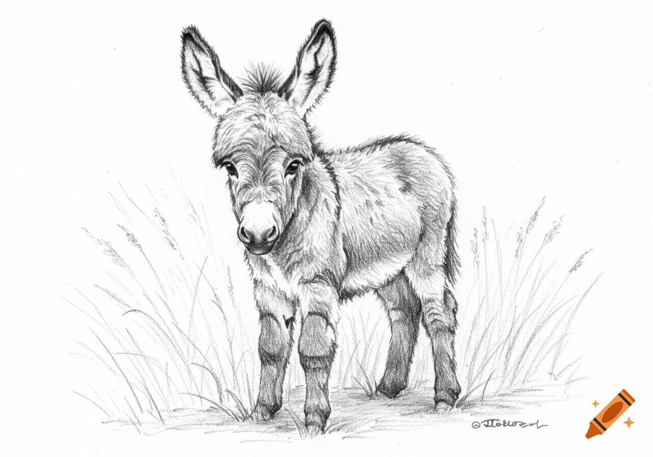 A rough pencil sketch of a cute baby donkey standing in grass.