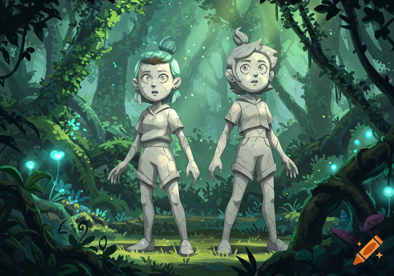Two stone statues resembling Luz and Amity stand in a vibrant, glowing forest.