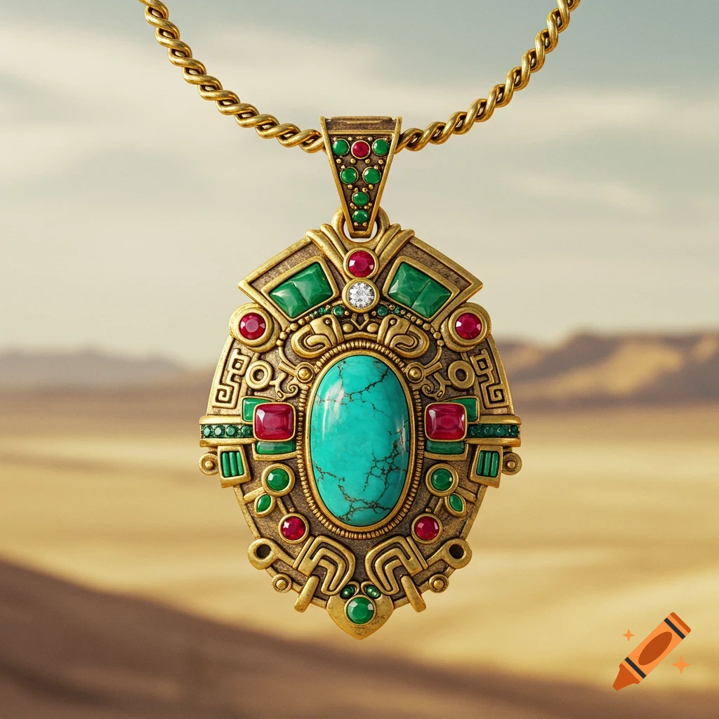 An ornate gold Aztec-inspired pendant with a central turquoise stone and red and green gems, set against a blurred desert background.