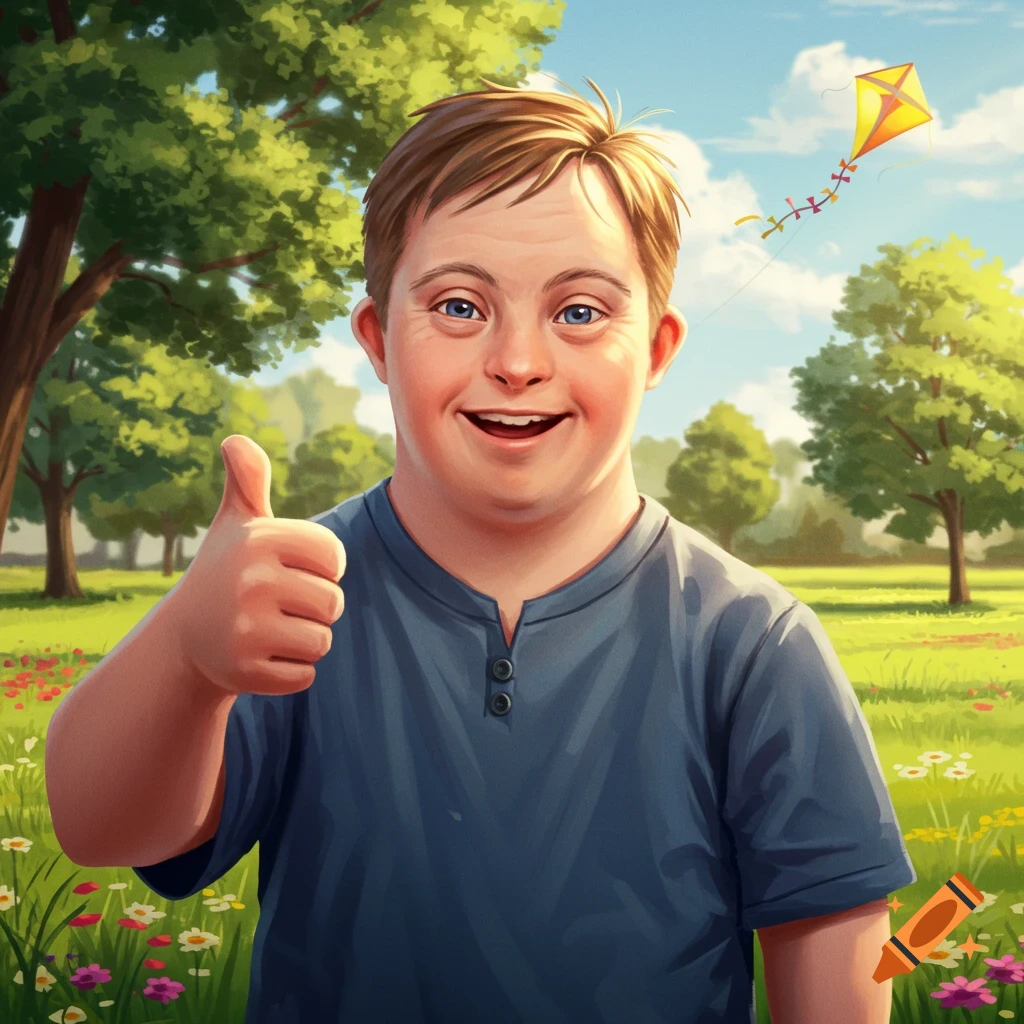 A smiling young person with Down syndrome gives a thumbs up in a bright, green park with trees and a kite flying in the sky.