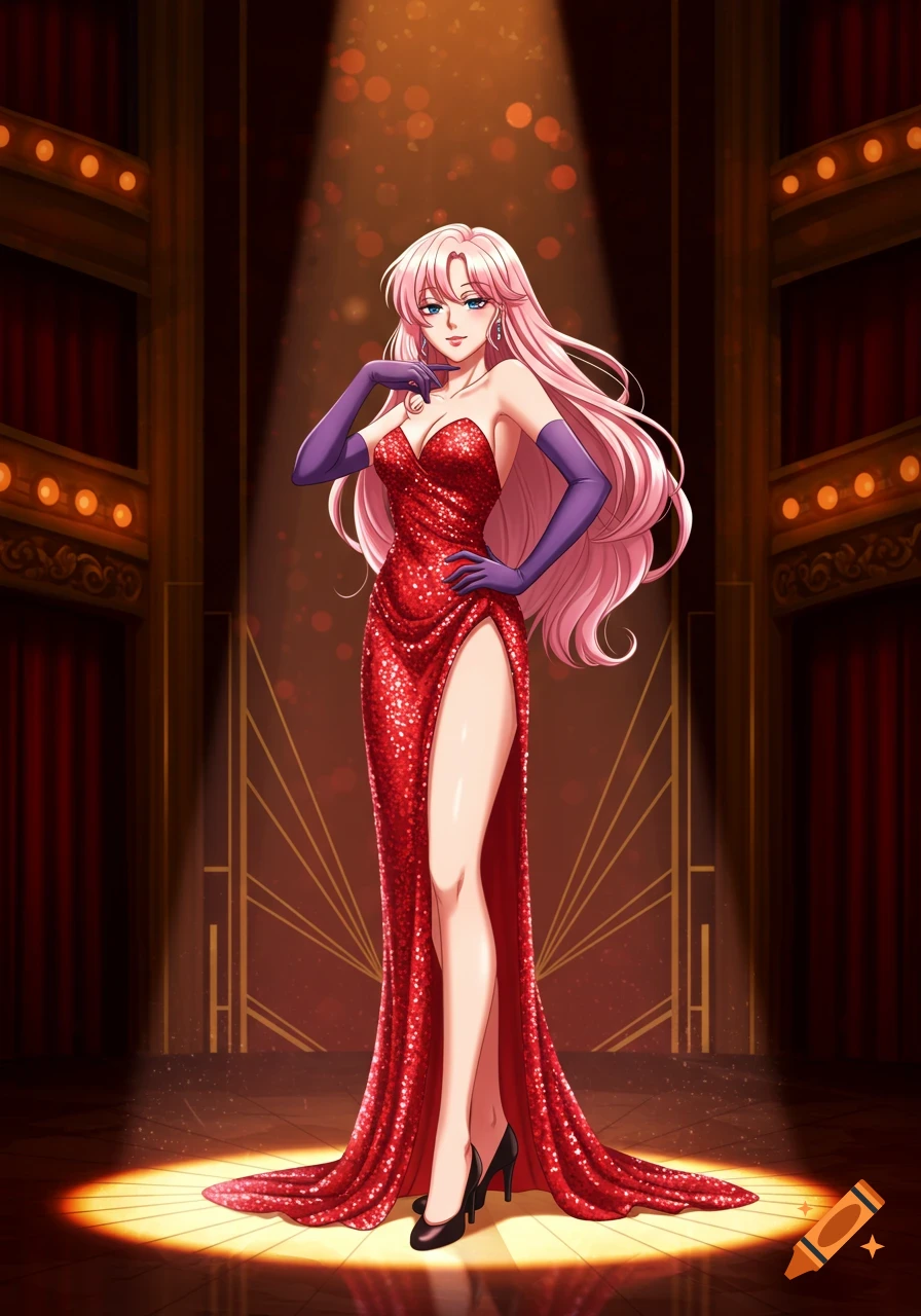 Anime woman with long pink hair in a sparkly red strapless dress and purple gloves standing on a stage under a spotlight.