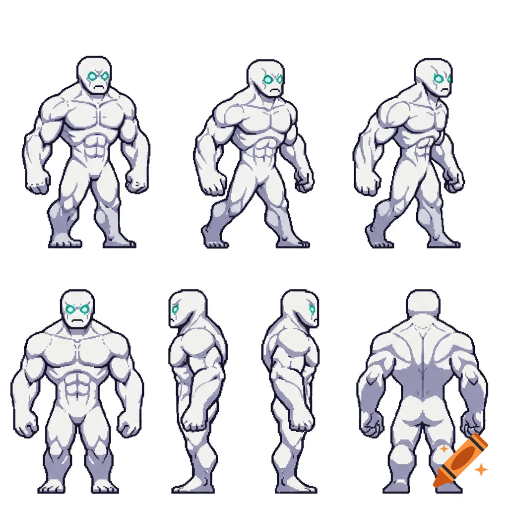 A pixel art sprite sheet of a white, muscular monster with glowing eyes, shown in various walking poses and a full 360-degree turn.