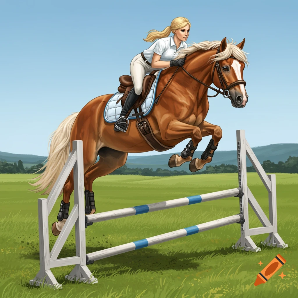 A blonde female rider on a brown horse with a white stripe and light blue tack jumps over a cross rail in a green field.