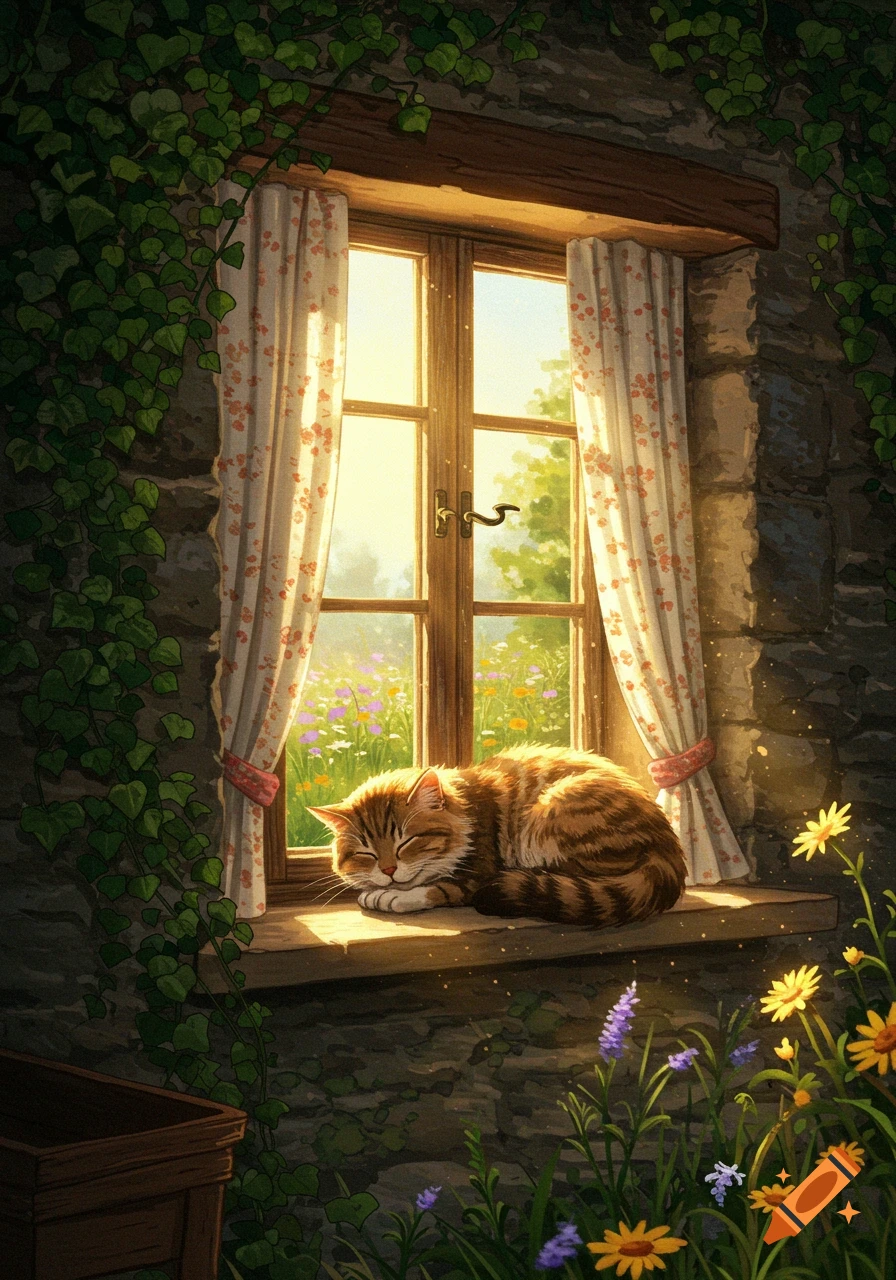 A tabby cat sleeps on a sunlit window sill, with colorful wildflowers and ivy outside. Painterly style.