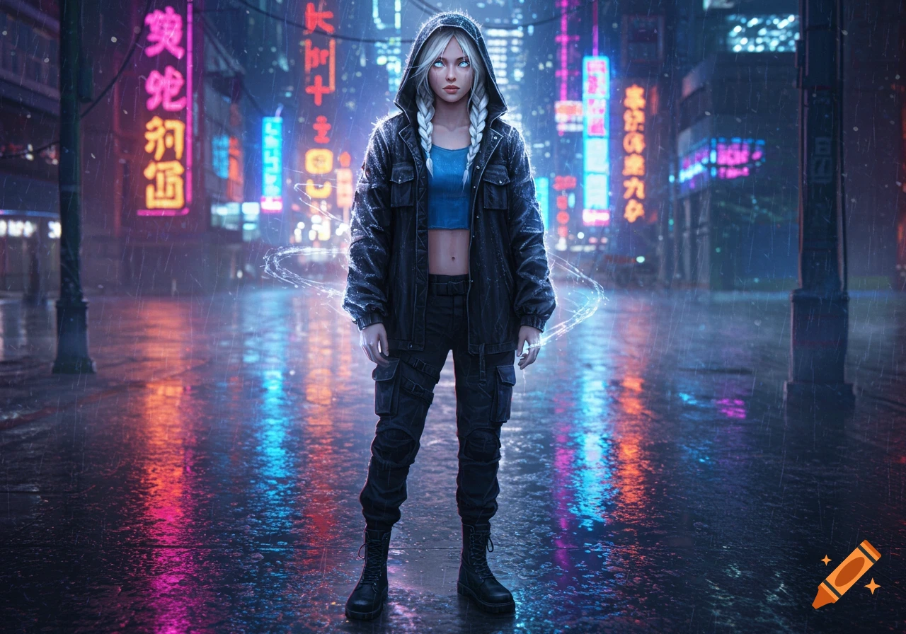 A young woman with braided blonde hair stands in a rainy, neon-lit cyberpunk city, wearing a hooded jacket and combat boots, with glowing blue eyes.