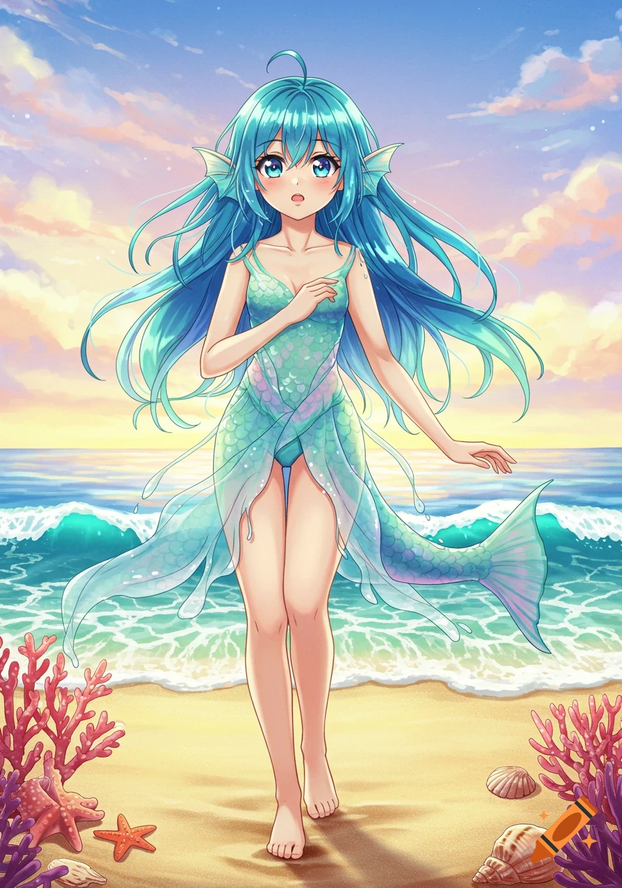 An anime girl with long blue hair and fish-like features, wearing a sheer, scale-patterned dress, walks onto a sandy beach at sunset.