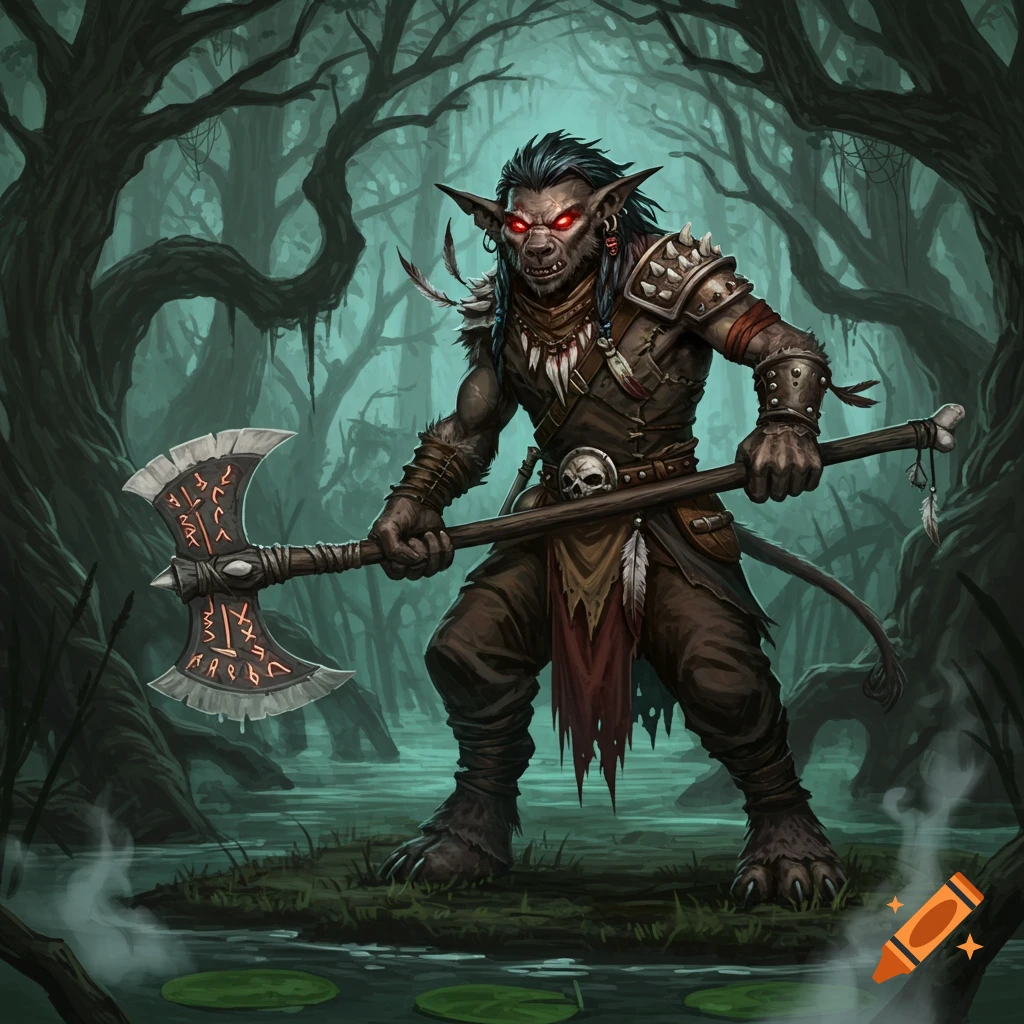 A fantasy illustration of a fearsome gnoll with glowing red eyes holding a large rune-etched axe in a dark, misty swamp.