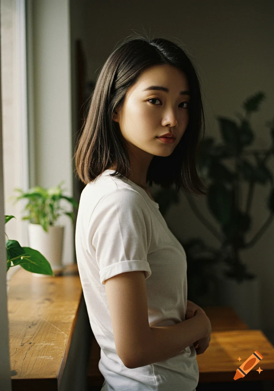 A young East-Asian woman with dark hair in a white t-shirt stands by a sunlit window, looking at the camera. Indoor plants in the background.