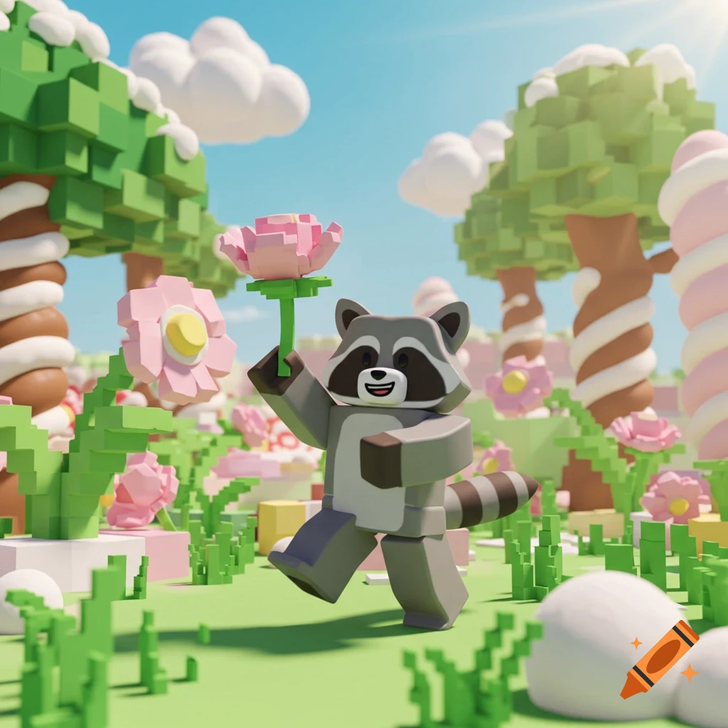 A cute blocky raccoon holding a pink flower in a vibrant voxel-style garden with candy trees and flowers.