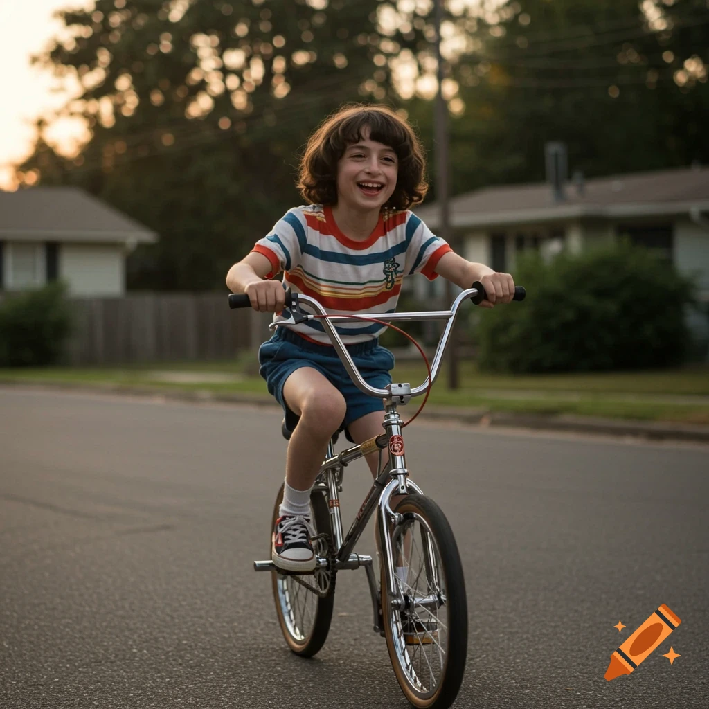 A young boy with curly hair smiles while riding a BMX bike on a street with houses and trees in the background.
