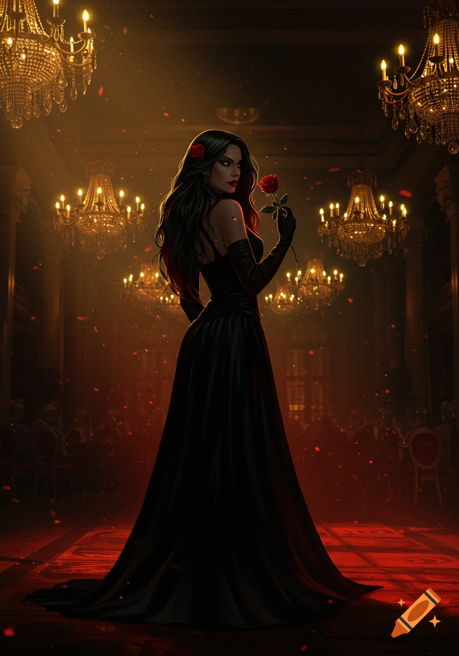 A mysterious woman in a black gown and long gloves holds a red rose in a grand, chandelier-lit hall with a red carpet.