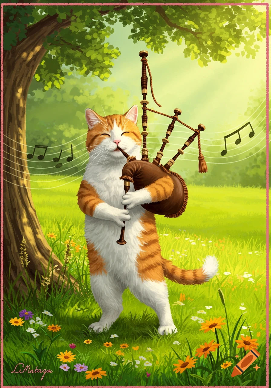 A whimsical illustration of an orange and white cat playing bagpipes in a sunny green field.