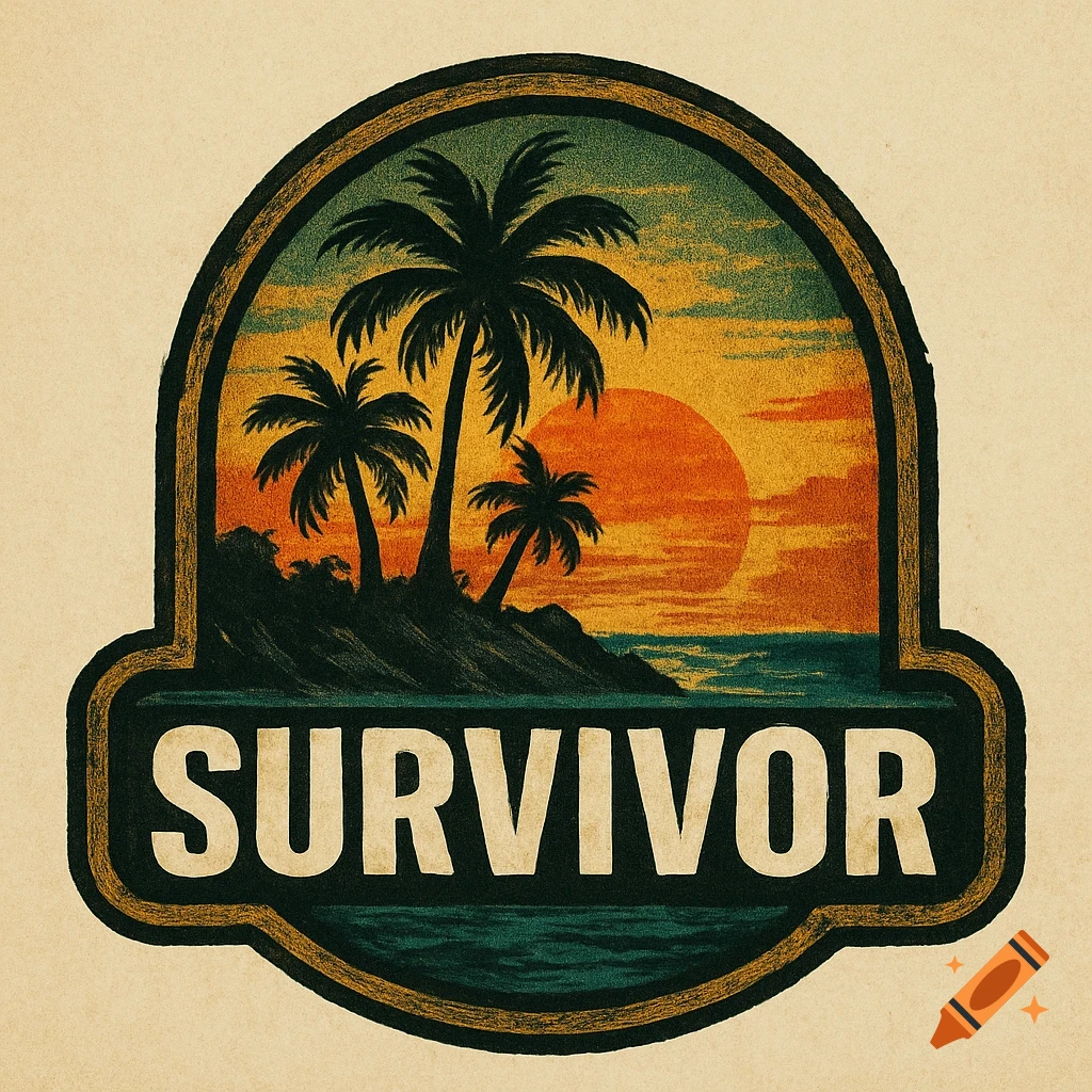 A vintage-style logo featuring a sunset over an ocean with an island and palm trees, with the word "SURVIVOR" at the bottom.