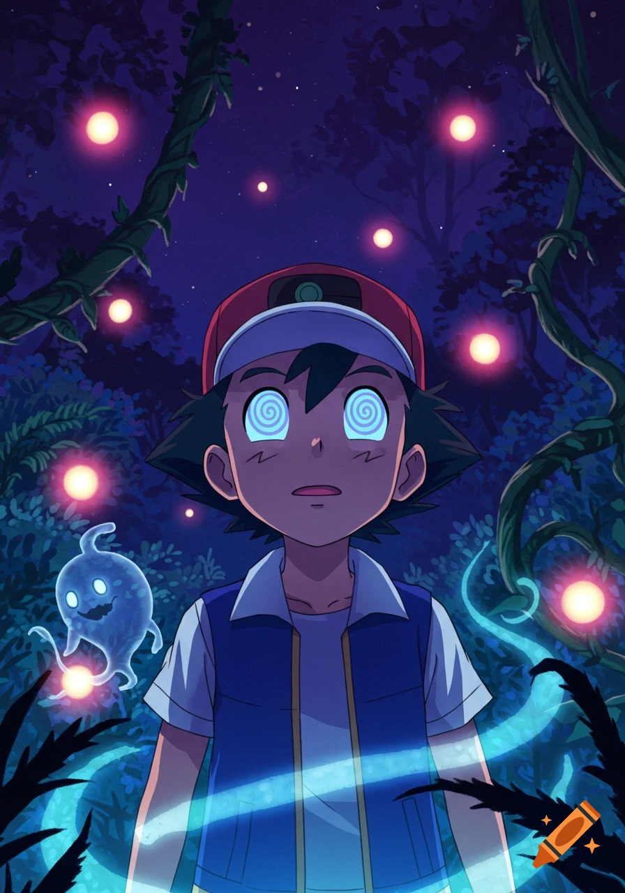 Ash from Pokemon with blue spiral eyes, looking hypnotized in a dark, mystical forest with glowing lights and a ghost-like Pokemon. Anime style.