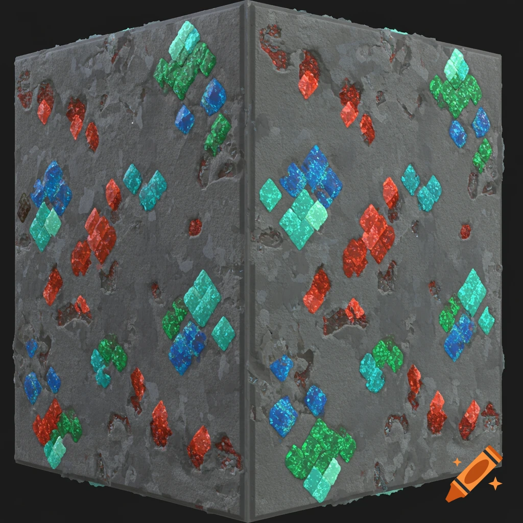 A textured gray stone block with embedded red, blue, and green crystalline ore clusters, in a Minecraft style.