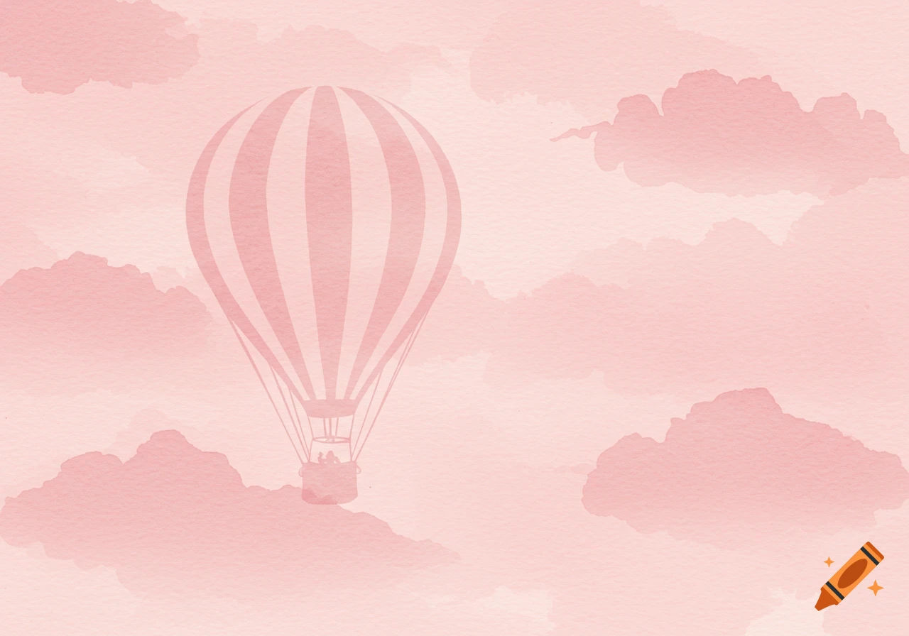 Watercolor painting of a hot air balloon floating among soft pink clouds.