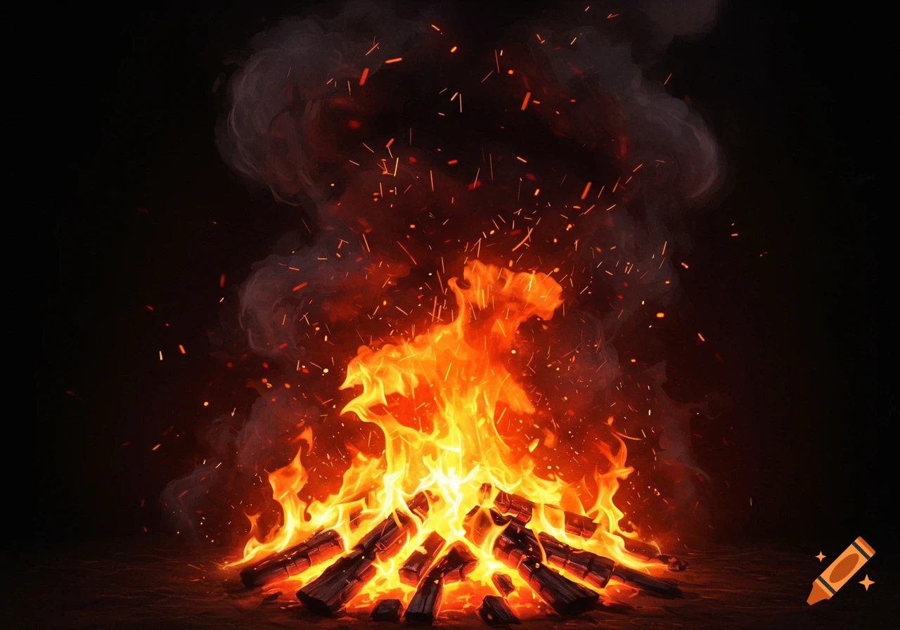 A bright campfire with orange and yellow flames, glowing embers, and smoke rising against a dark background, photorealistic style.