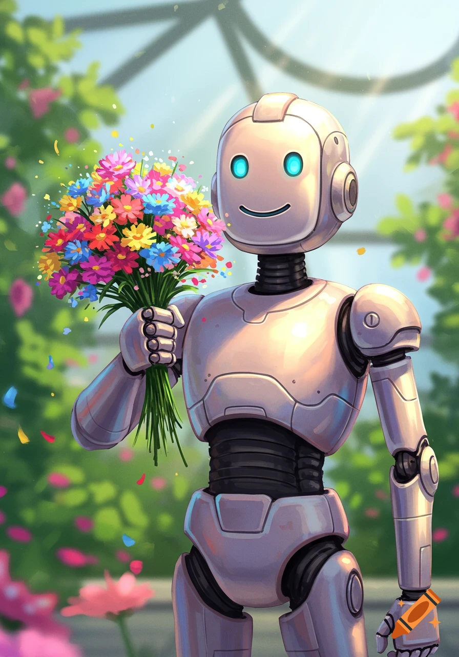 A smiling robot with glowing blue eyes holds a vibrant bouquet of flowers in a lush garden.