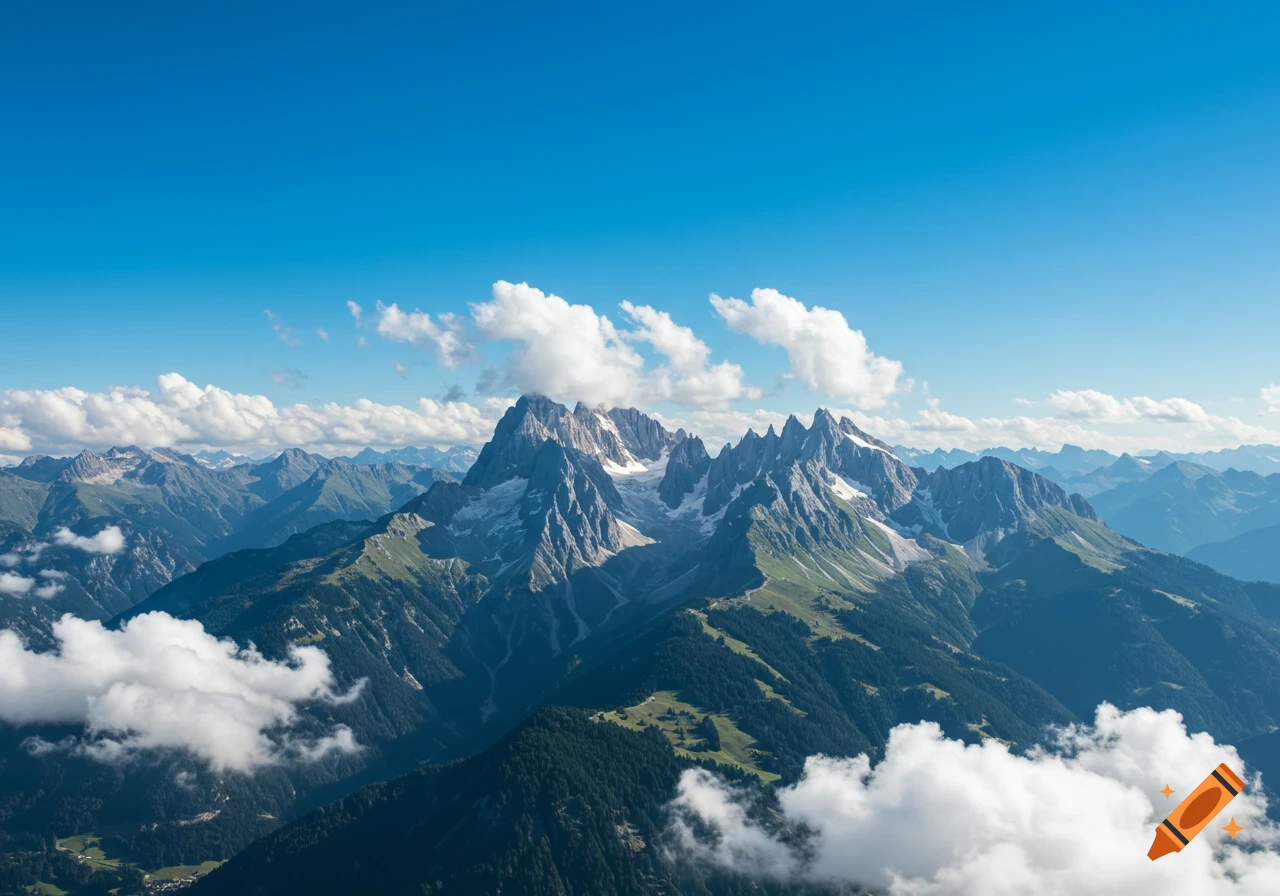 Photorealistic aerial view of a majestic mountain range with snowy peaks, lush green slopes, and fluffy white clouds above and below, under a clear blue sky.