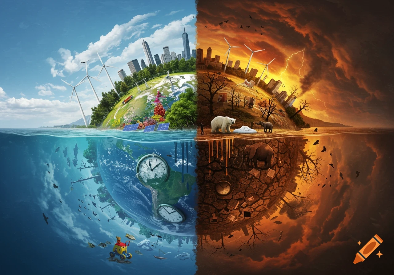 A split image of Earth contrasting a lush, green, sustainable side with a barren, polluted, and stormy side depicting climate change.