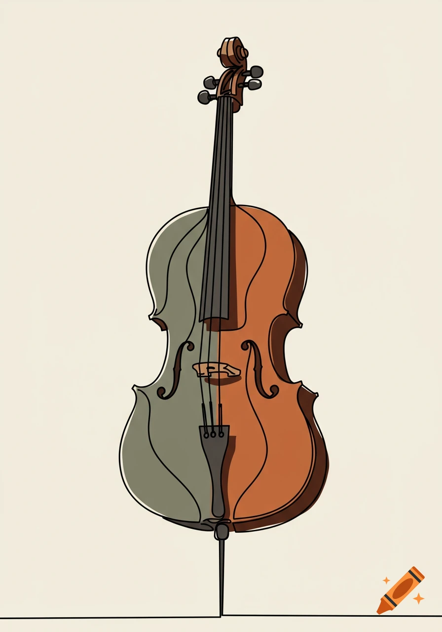 A cubist single line art illustration of a cello, rendered vertically.