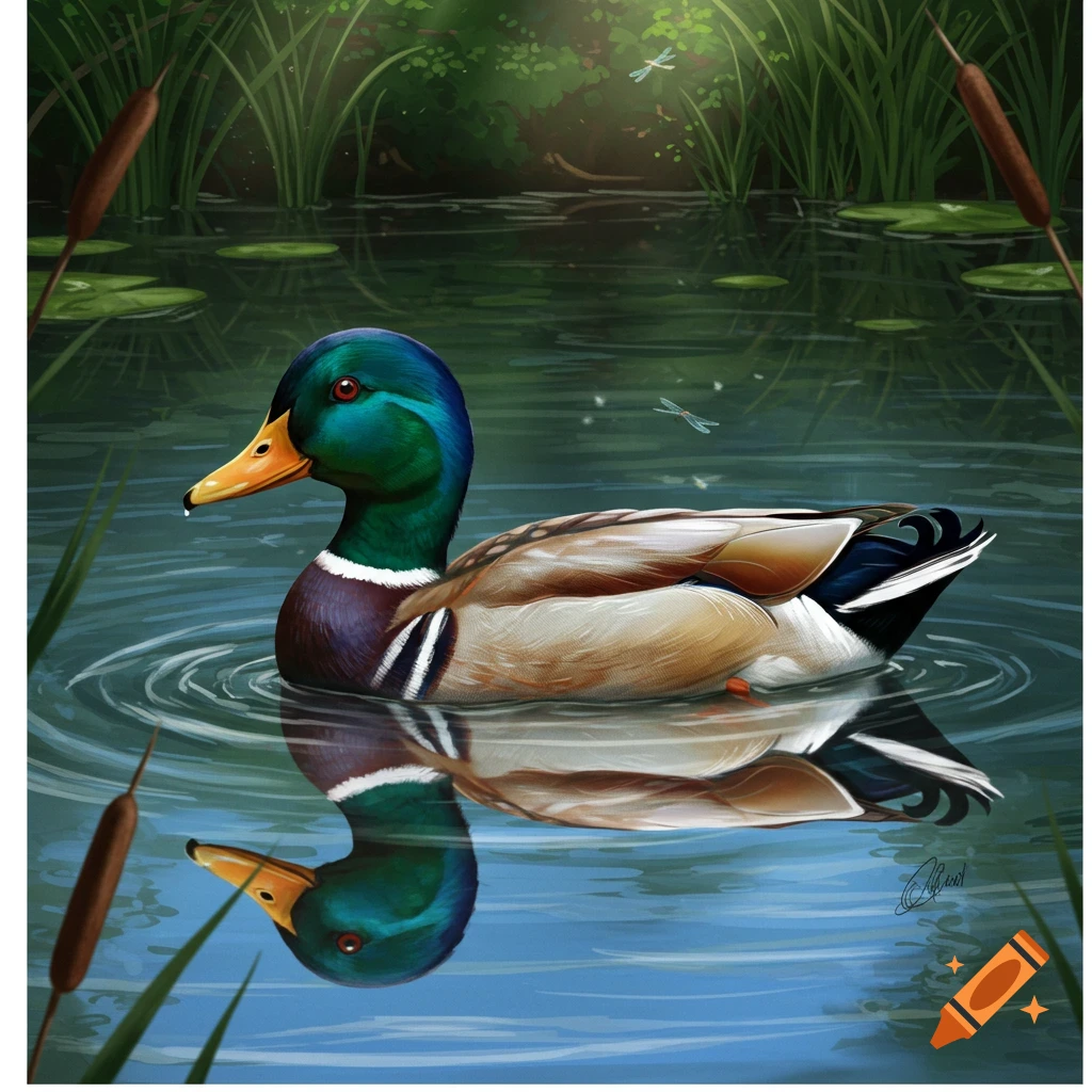 A colorful mallard duck swims in a pond, surrounded by green reeds and lily pads, its reflection visible in the water. Digital painting.