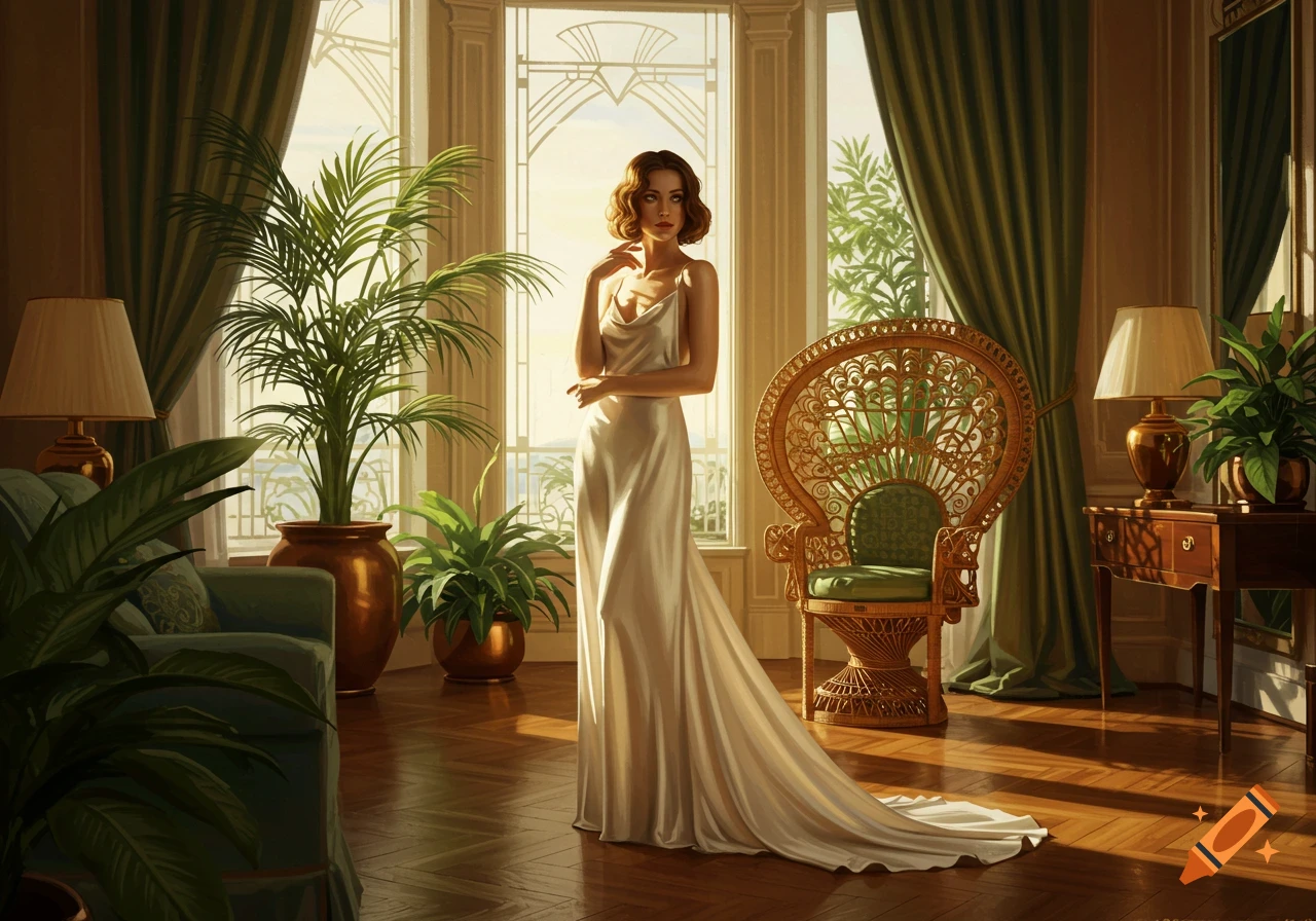 A woman in a white silk dress stands in an elegant, sunlit room with large windows, plants, and a wicker chair, in Art Deco style.