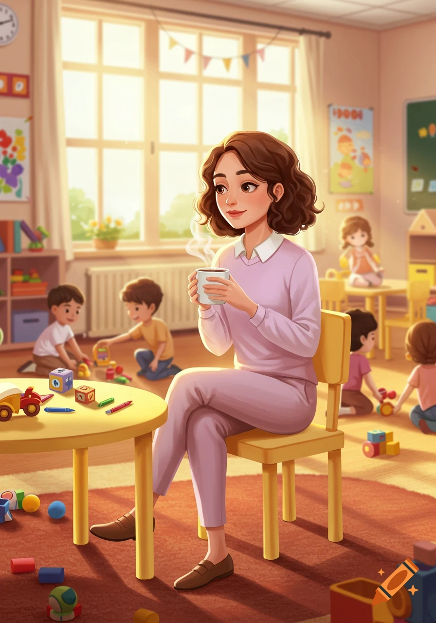 Illustrated kindergarten teacher sips coffee in a sunlit classroom while children play with toys.
