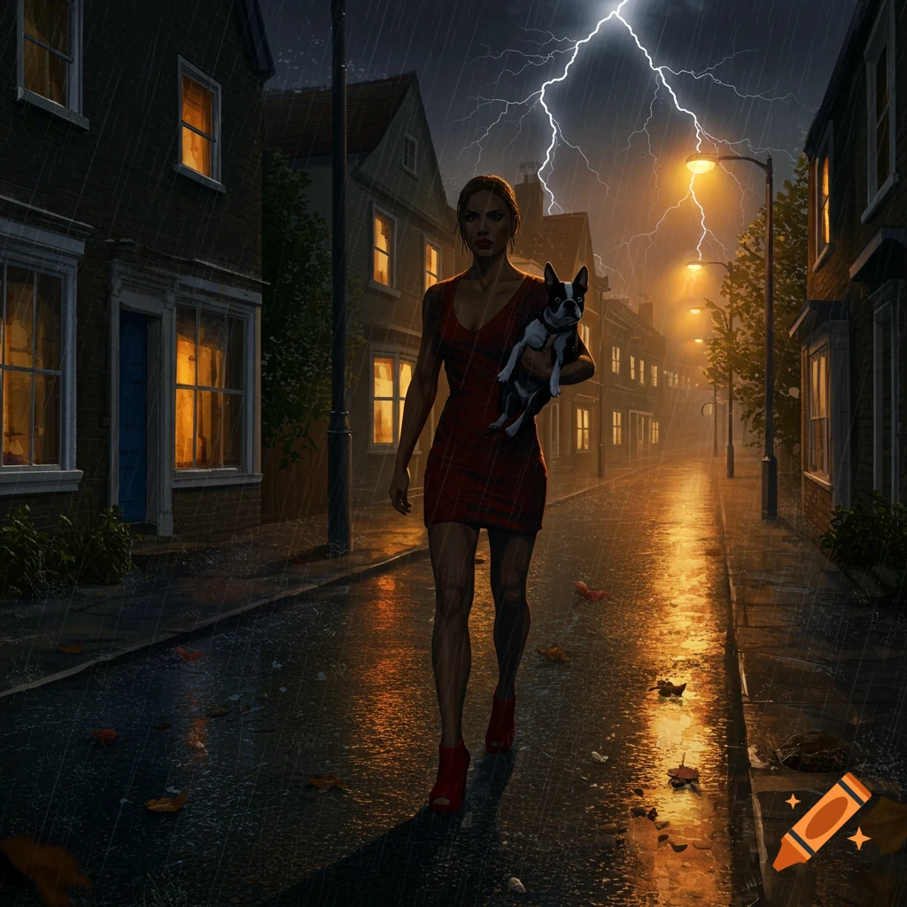 A woman in a red dress walks down a rain-soaked street at night, holding a Boston Terrier, with lightning in the sky.