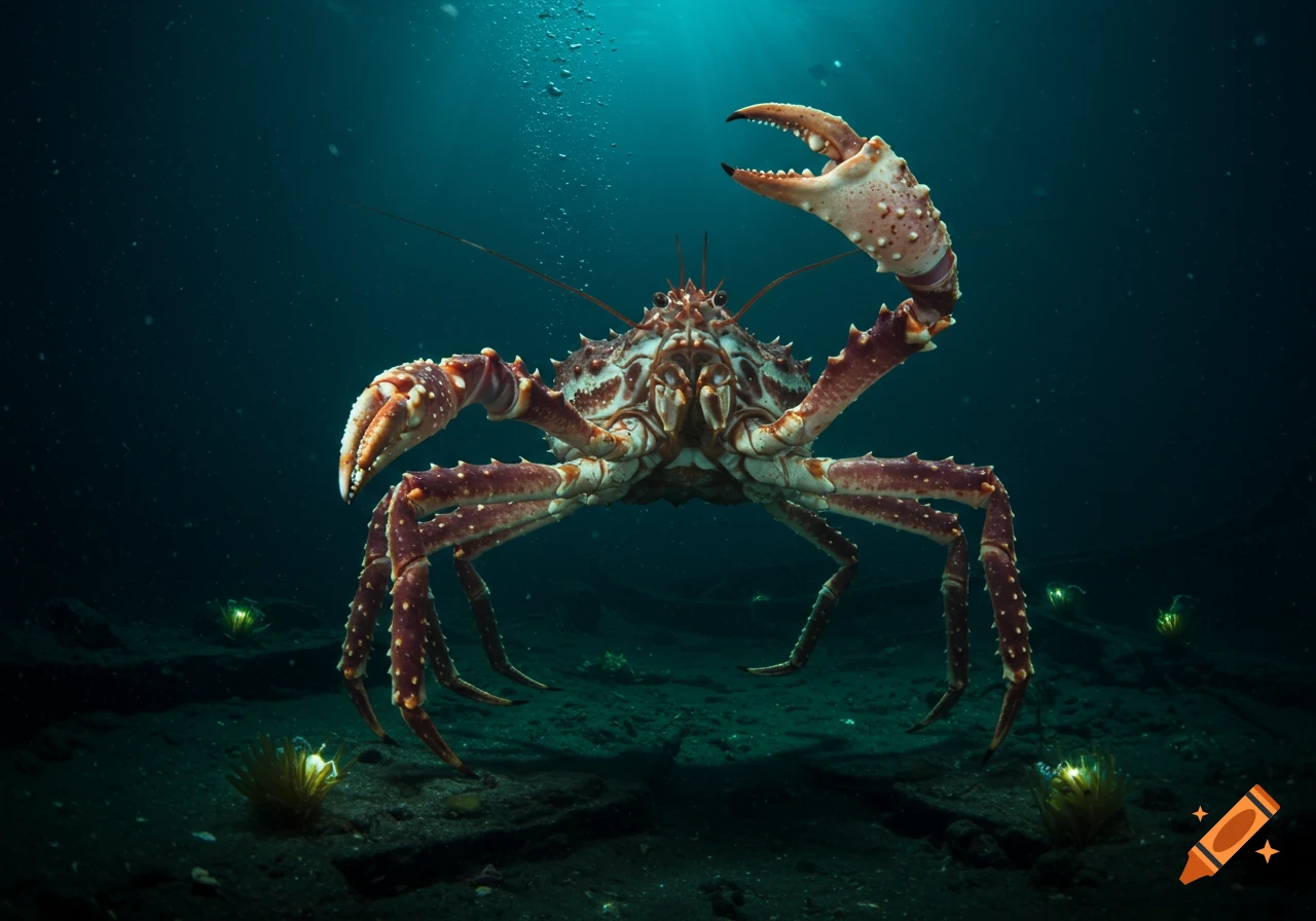 A large, photorealistic king crab with one claw raised, stands on the dark seabed in deep blue water.
