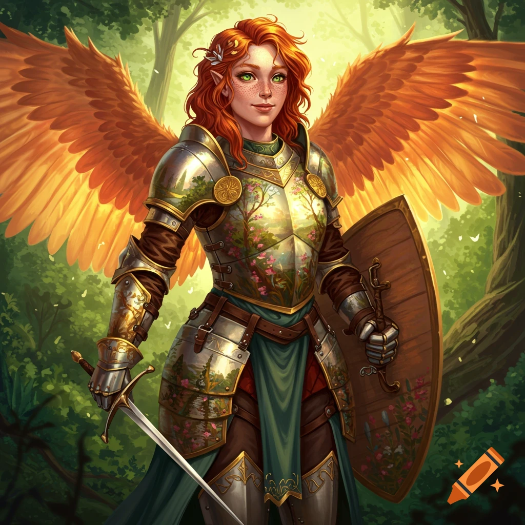A red-haired female paladin with green eyes, freckles, and orange wings stands in a green forest. She wears armor adorned with nature art and holds a sword and shield.