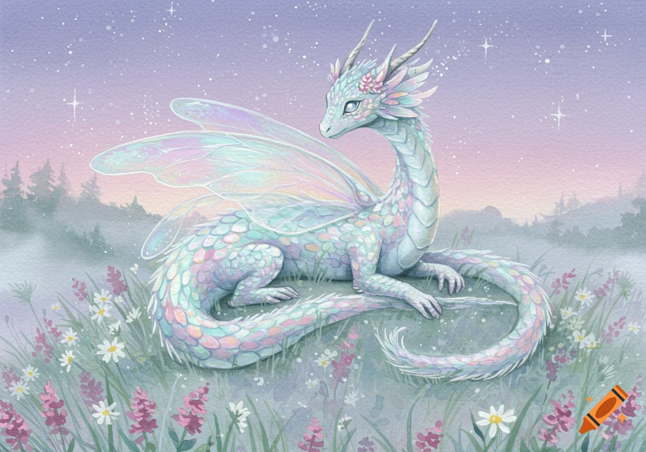 Watercolor illustration of a pastel-colored fairy dragon with iridescent wings resting in a field of flowers under a starry sky.