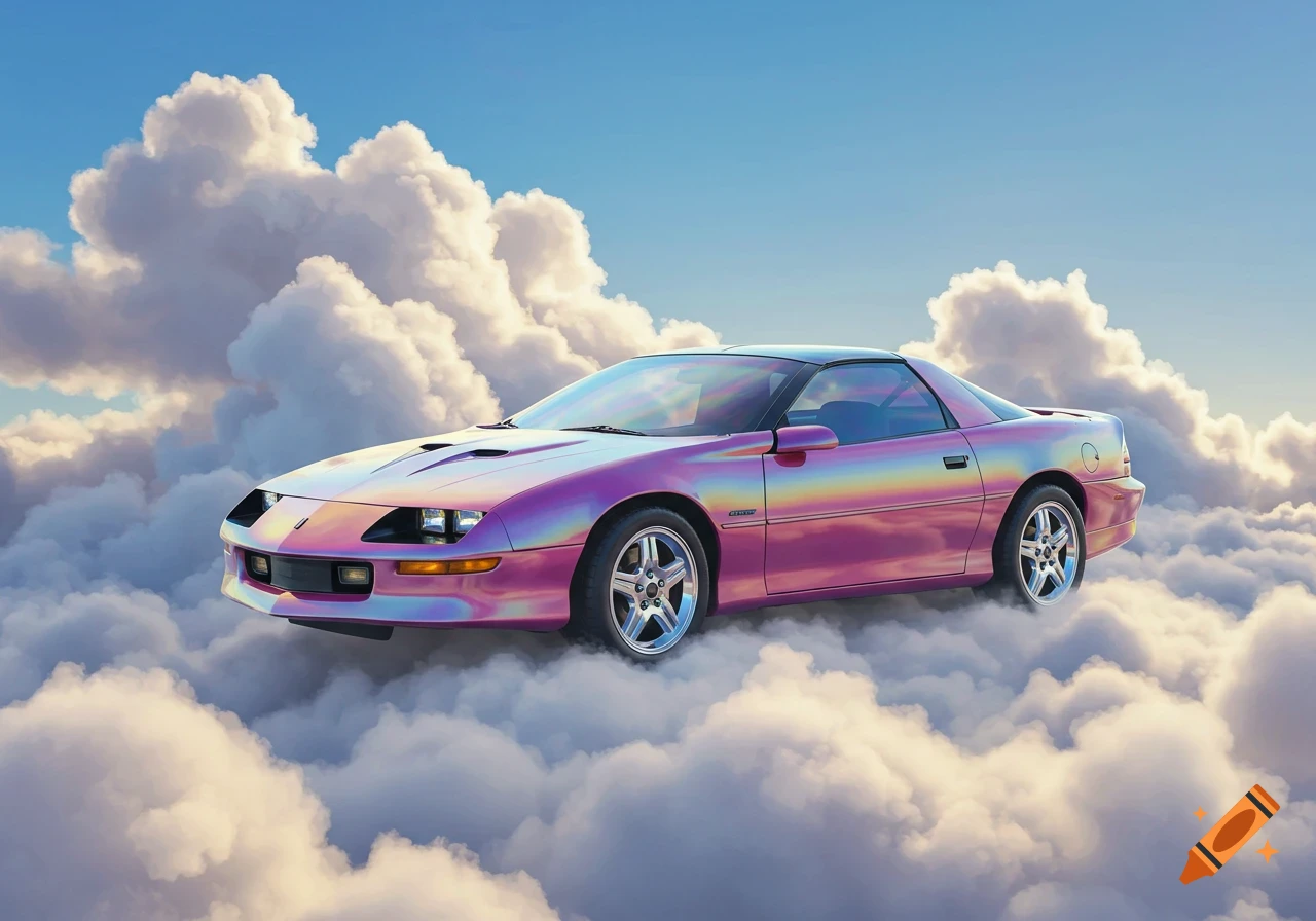 A photorealistic 1995 Chevrolet Camaro with iridescent pink and purple paint floats among fluffy white clouds in a blue sky.