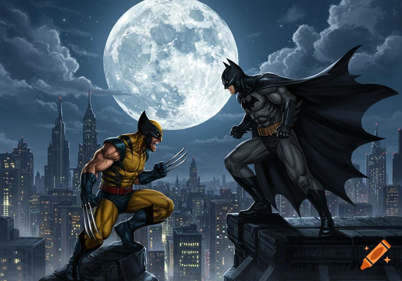 Wolverine and Batman face off on a skyscraper rooftop under a large full moon, with a cityscape background, in a comic art style.