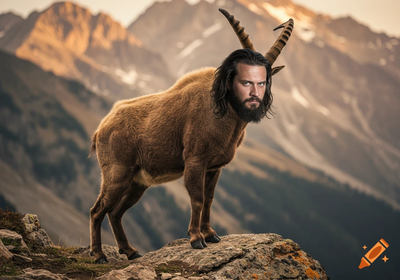 Photorealistic creature with a human male head and a mountain goat body on a rocky outcrop in mountains at sunset.