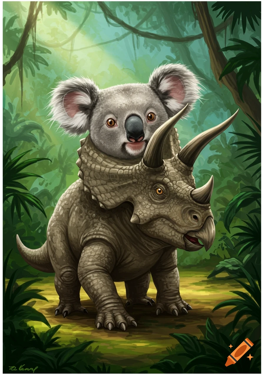 A whimsical illustration of a fluffy koala with a triceratops body, standing in a lush, sunlit jungle.