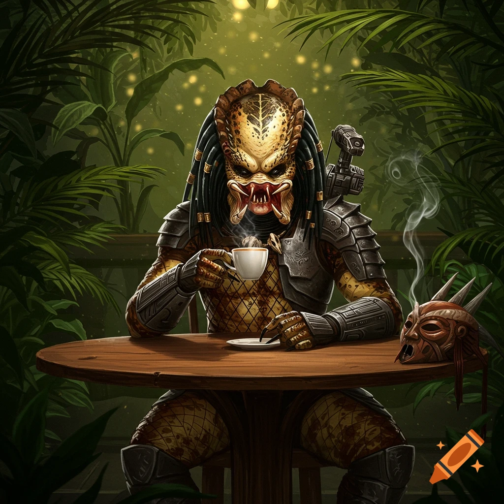 A detailed illustration of Predator sitting at a table in a lush jungle, sipping coffee from a white cup.