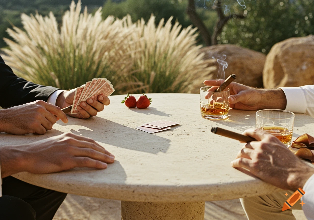 Hands playing cards, holding cigars and whiskey glasses on an outdoor stone table with strawberries.