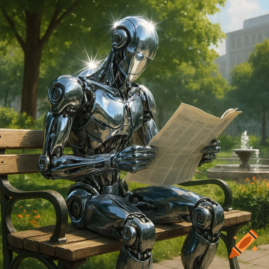 A shiny chrome robot sits on a wooden park bench, engrossed in reading a newspaper on a sunny day with trees and a fountain in the background.