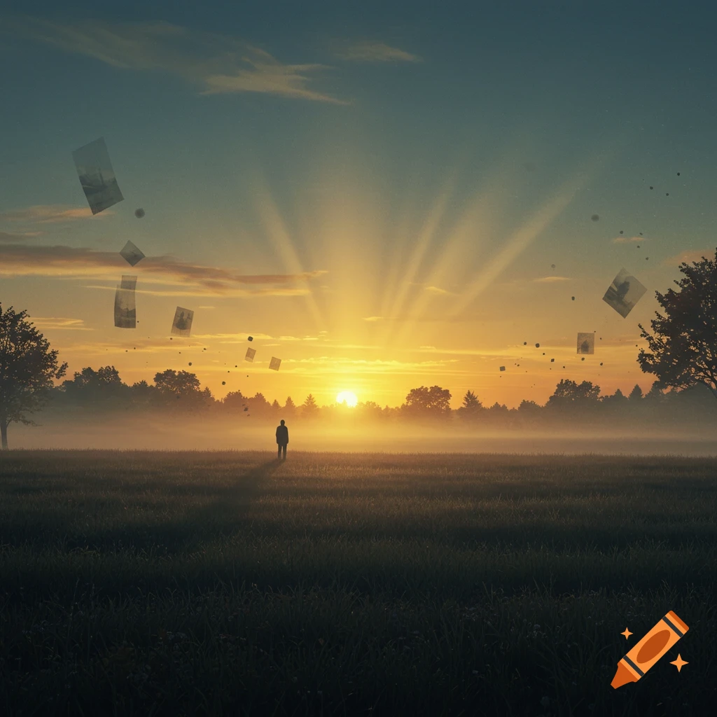 A lone figure stands in a misty field at sunrise, with abstract, crumpled floating fragments in the sky.