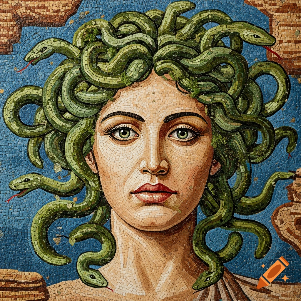 A detailed mosaic art portrait of Medusa with green snakes for hair against a blue background.