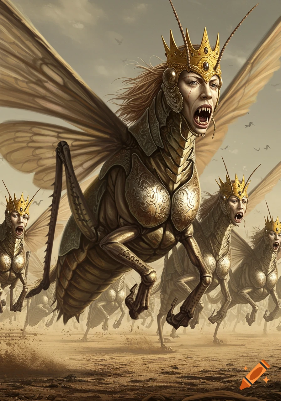 Monstrous locust-horse hybrids with crowned human faces and fangs rush through a dusty desert.