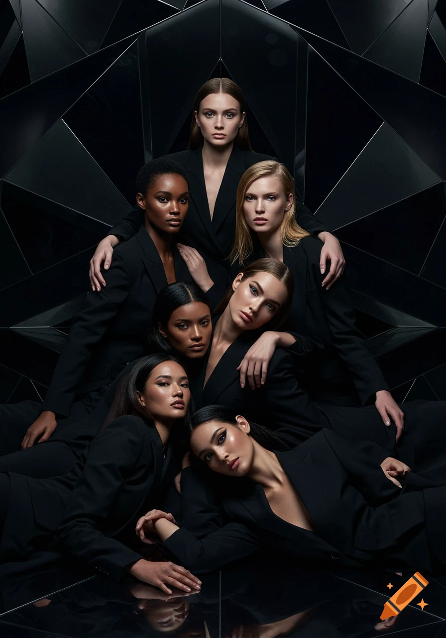 Six women of different ethnicities in black business attire posing in a high-fashion portrait against a dark, reflective, geometric background.