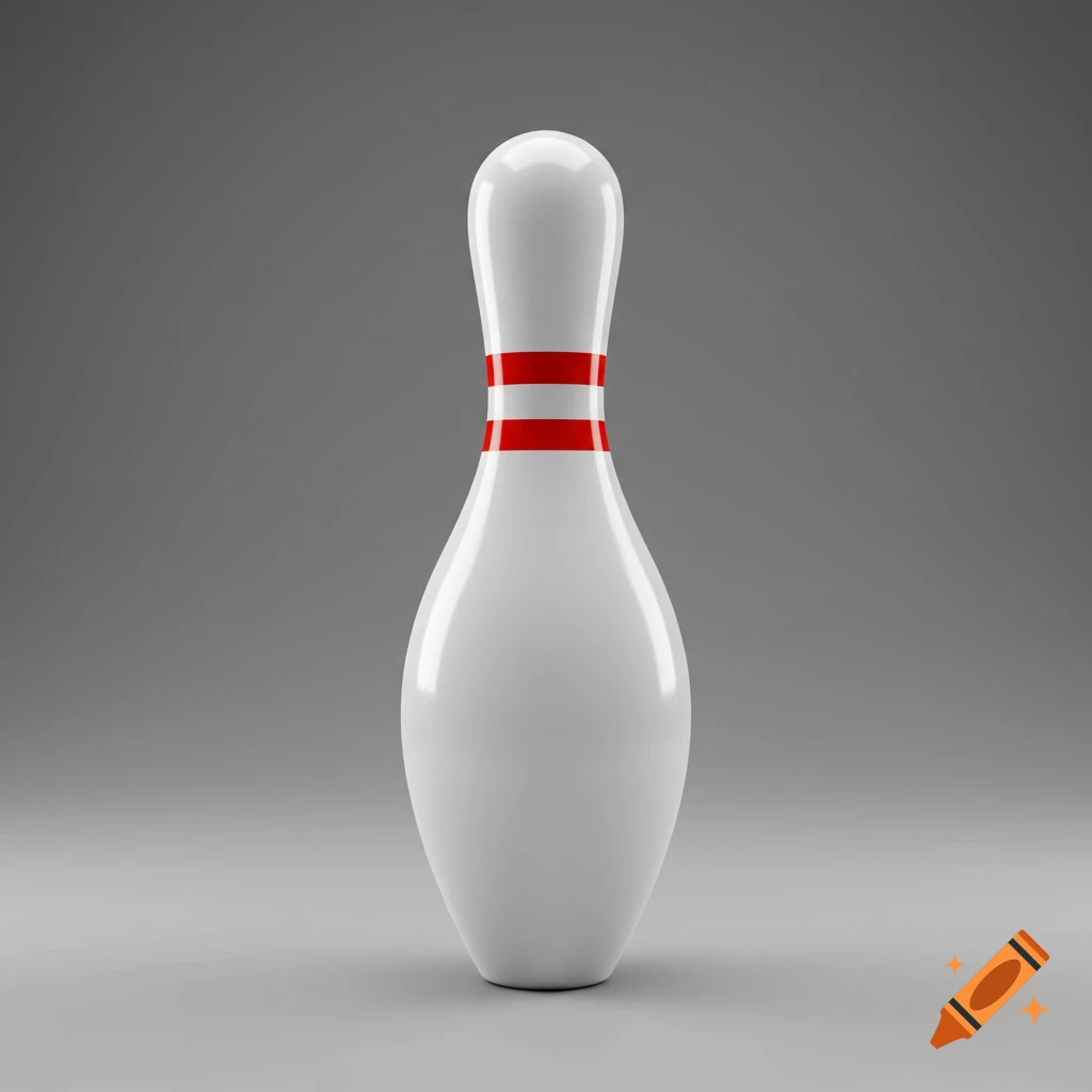 A white bowling pin with two red horizontal stripes around its neck, standing on a grey surface against a grey background.