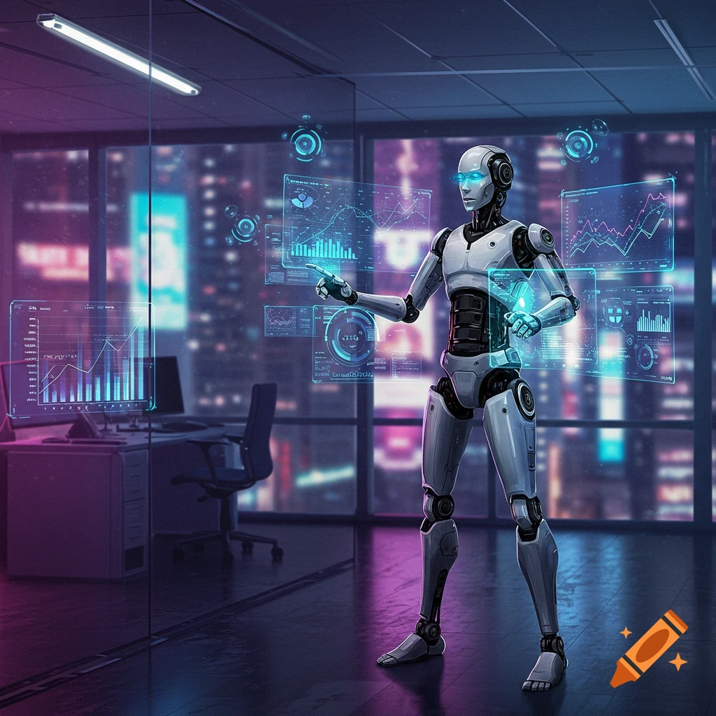 A humanoid robot interacts with glowing holographic data displays in a futuristic office overlooking a nighttime city.