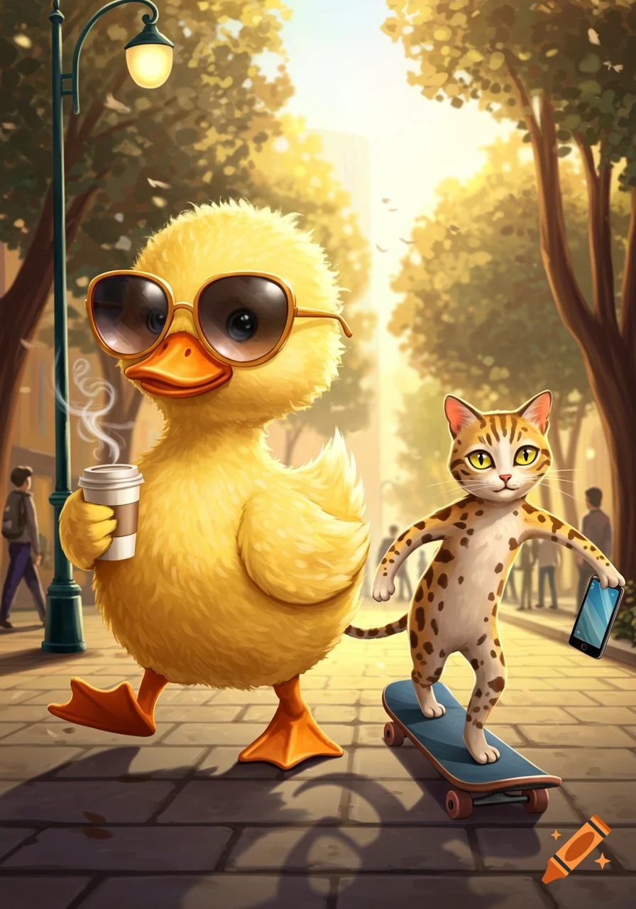 A cute cartoon duck with sunglasses and coffee walks on a sunny street next to a cat skateboarding and holding a smartphone.