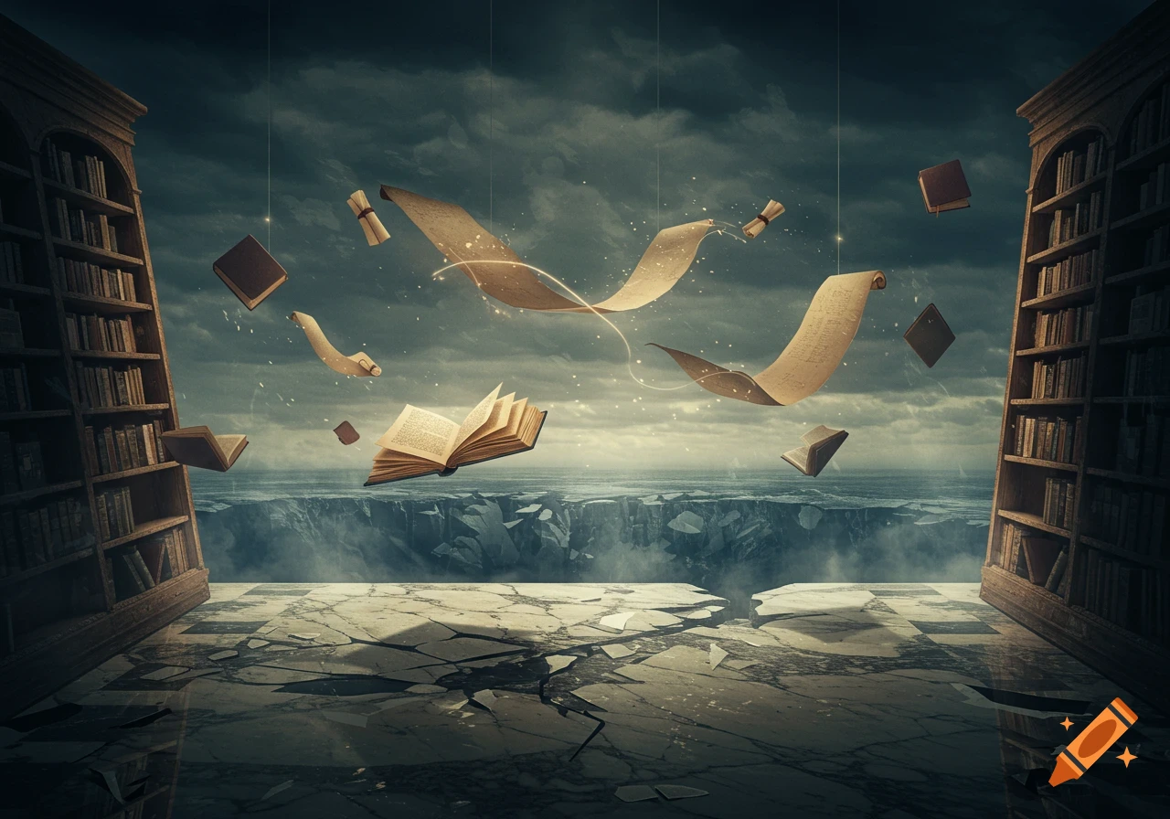 Floating books and scrolls above a cracked stone platform overlooking a stormy, fragmented ocean chasm, framed by dark bookshelves.