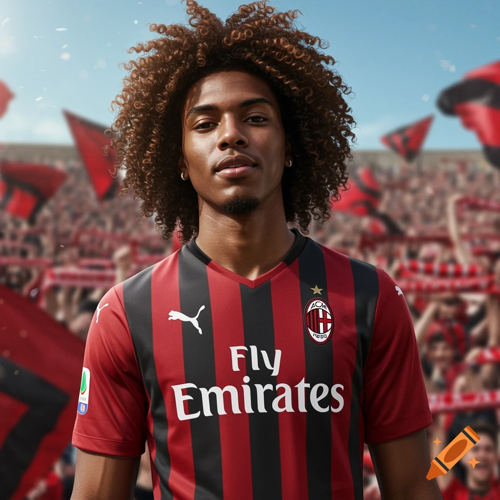 Photorealistic portrait of a young man with curly hair wearing a red and black AC Milan soccer jersey in a stadium with fans.