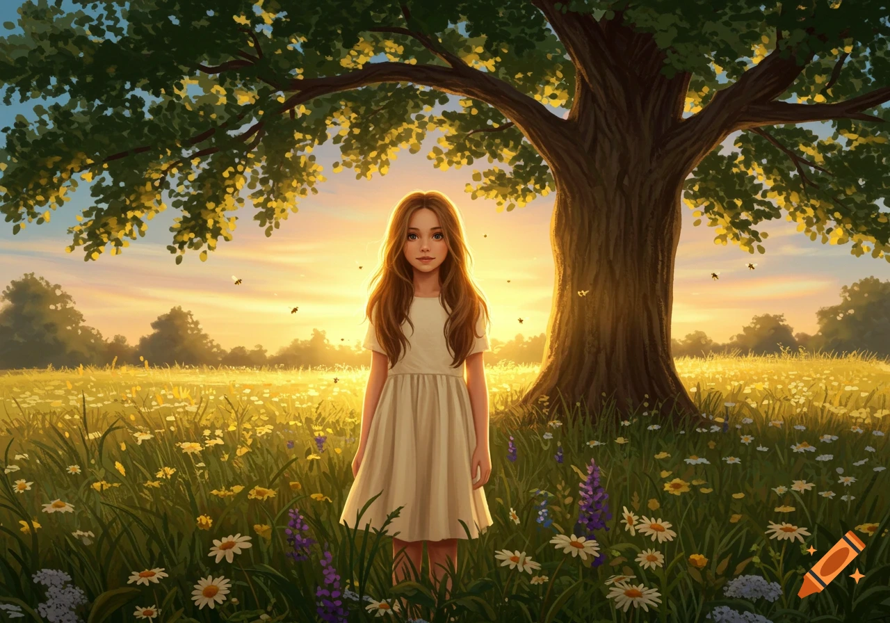 A young girl with long brown hair stands in a vibrant sunlit field of wildflowers under a large tree.